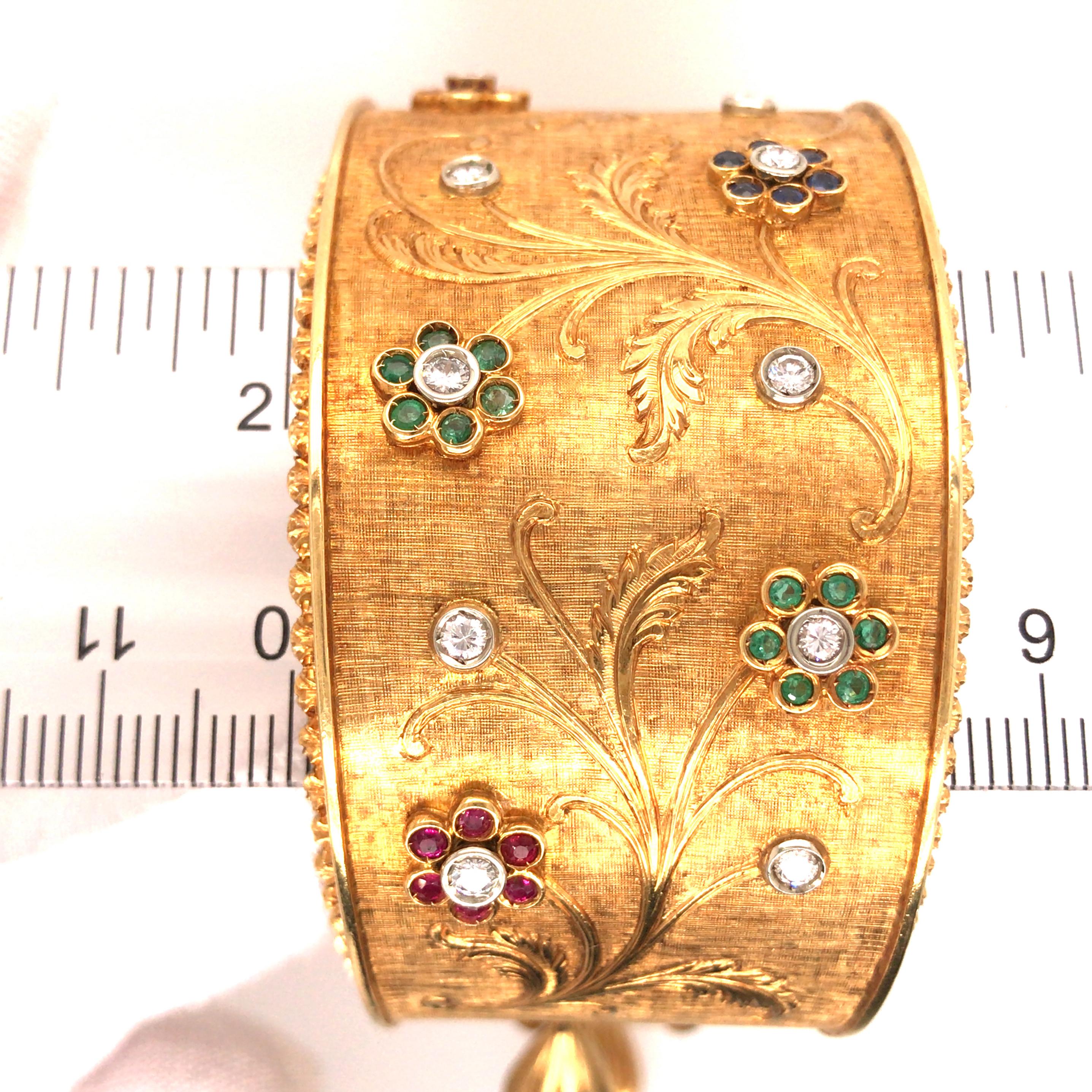 18K Vintage Diamond, Ruby, Sapphire and Emerald Cuff Bracelet Yellow Gold 2