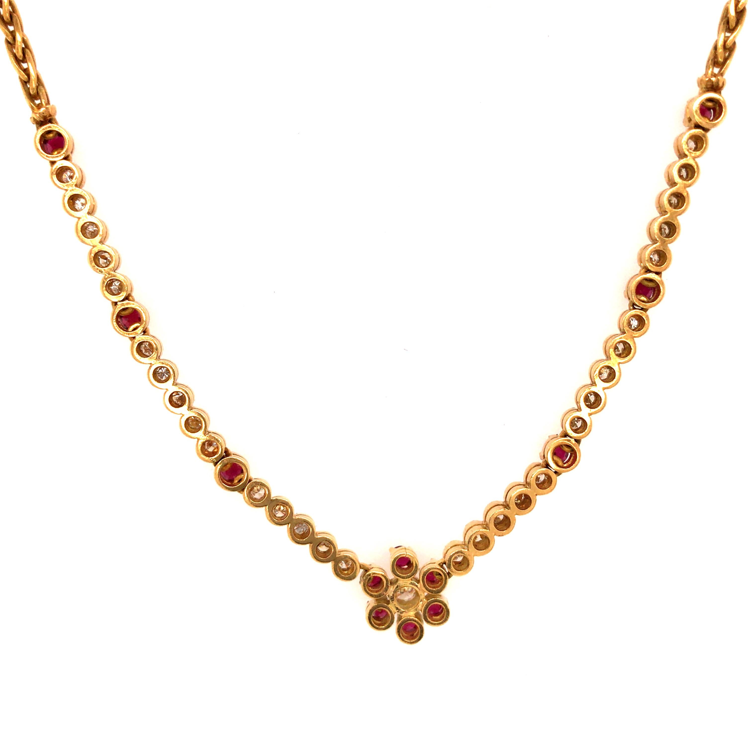 Round Cut 18 Karat Vintage Gucci Ruby and Diamond Necklace Yellow Gold For Sale