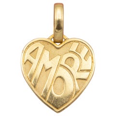 18k Vintage heart shaped pendant - 18 karat solid gold AMORE charm - I love you