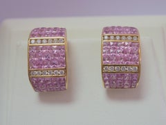 No Reserve-18K Large Gold 4.75ct Channel Pink Sapphire & 0.28ct Diamond Earrings