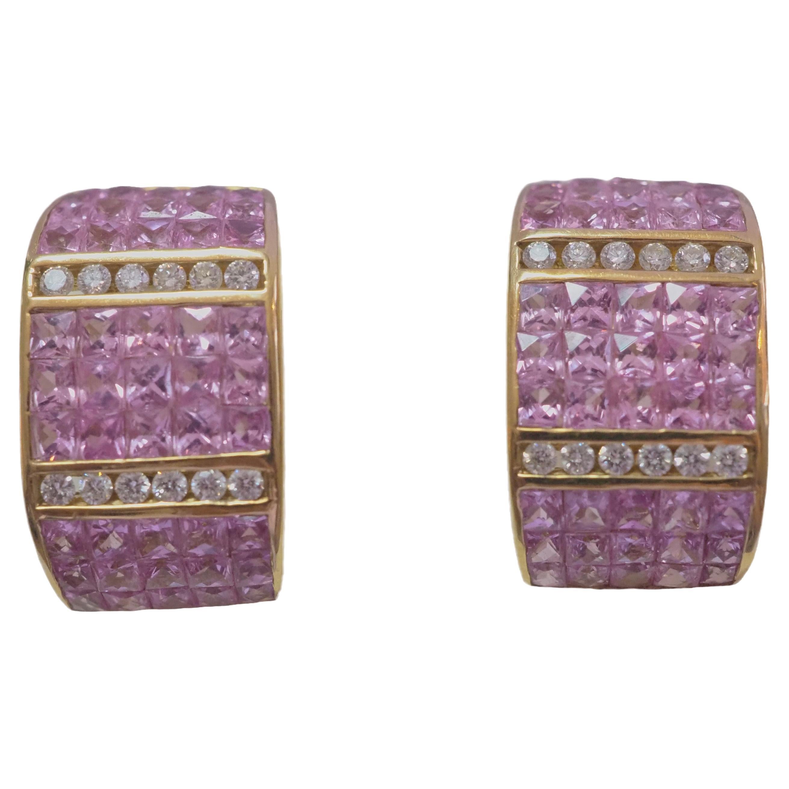 No Reserve-18K Large Gold 4.75ct Channel Pink Sapphire 
0.28ct Diamond Earrings