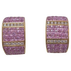 No Reserve-18K Large Gold 4.75ct Channel Pink Sapphire & 0.28ct Diamond Earrings