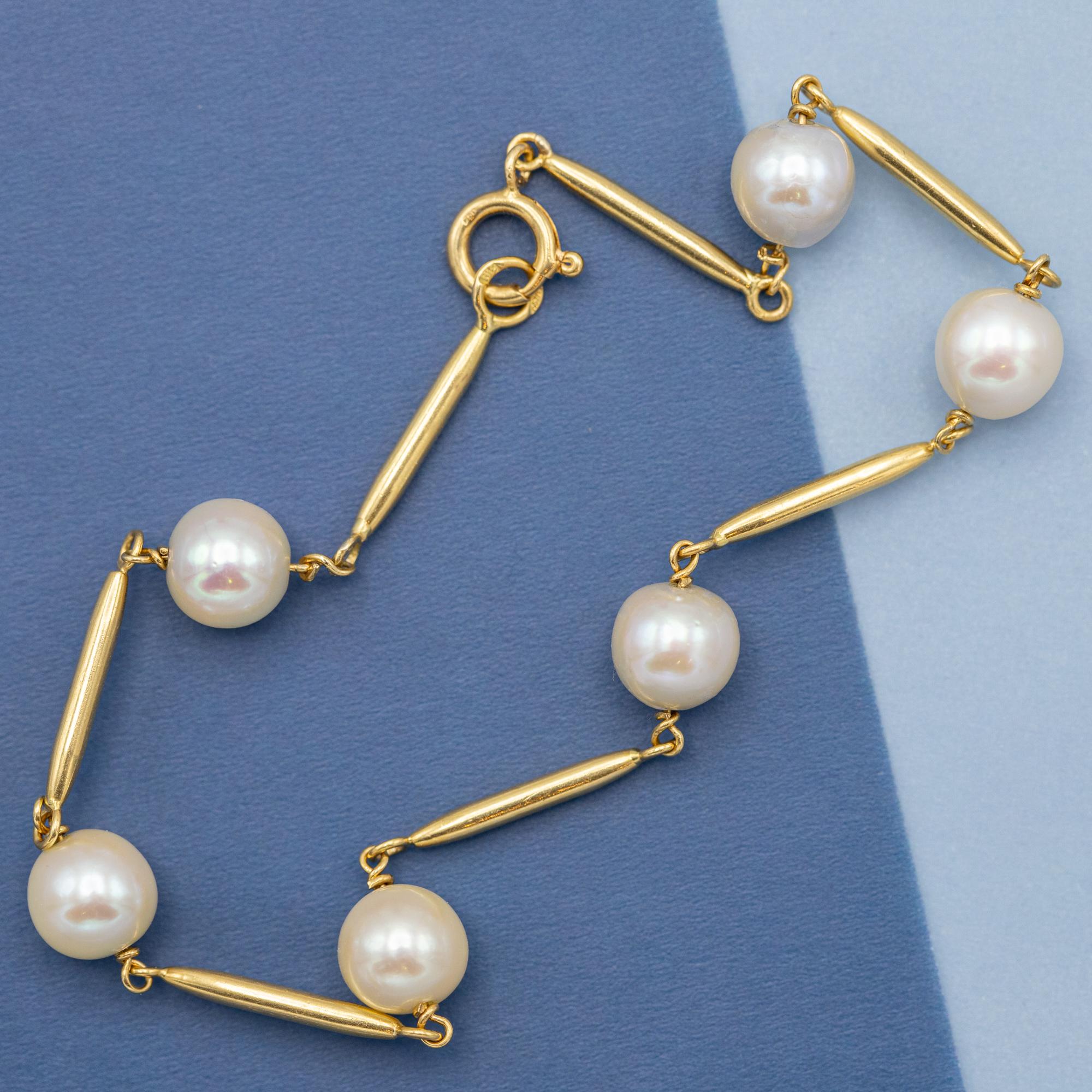 18k Vintage pearl bracelet - solid yellow gold - Royal pearl chain - 20 cm For Sale 4