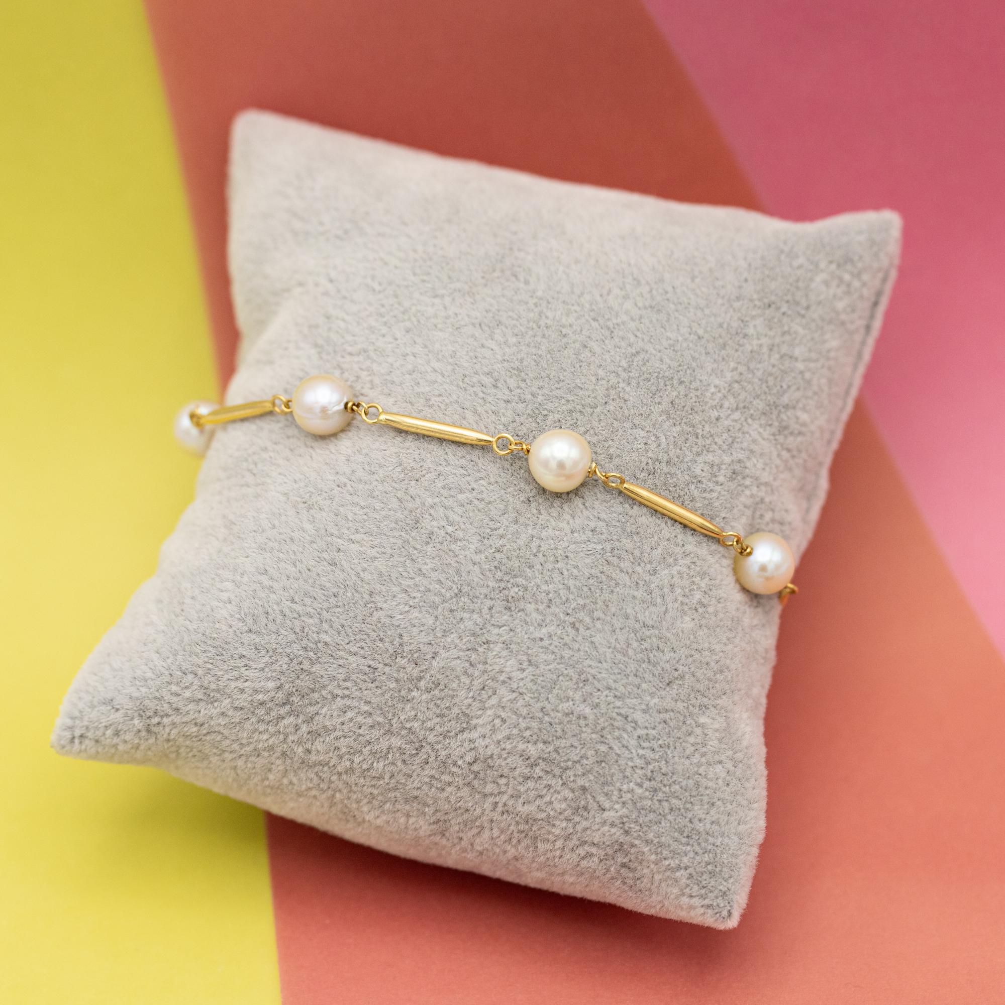 18k Vintage pearl bracelet - solid yellow gold - Royal pearl chain - 20 cm For Sale 5