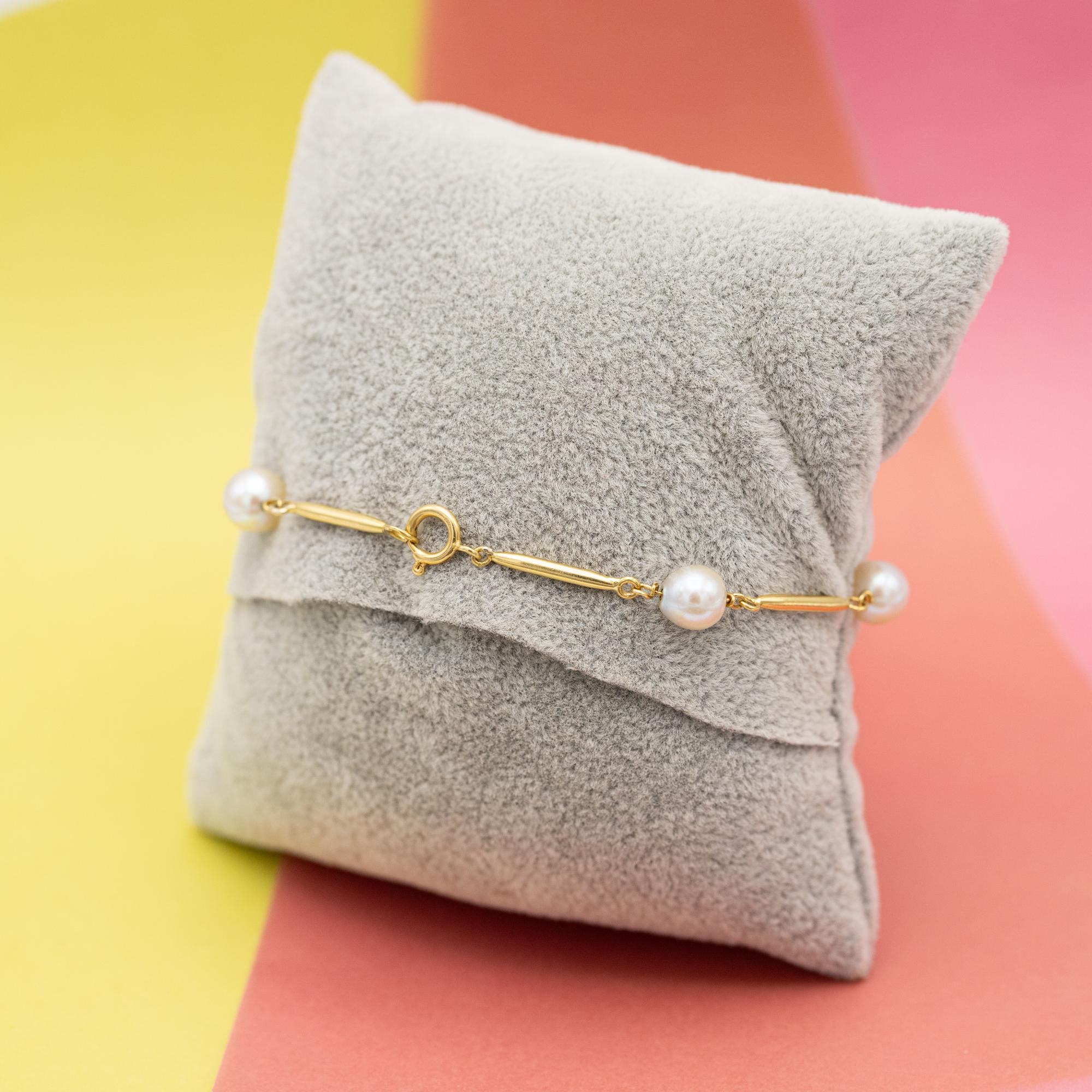 Retro 18k Vintage pearl bracelet - solid yellow gold - Royal pearl chain - 20 cm For Sale