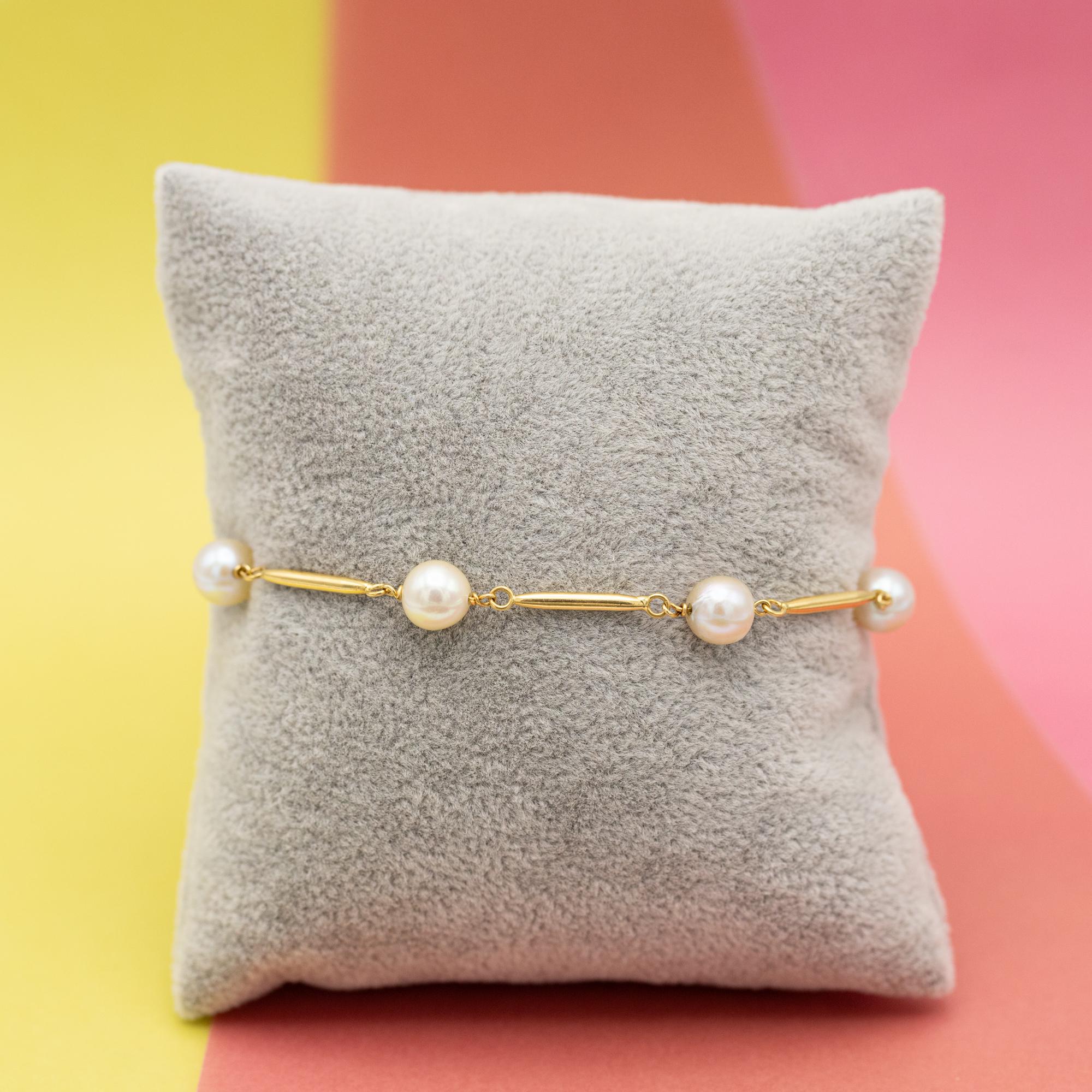 18k Vintage pearl bracelet - solid yellow gold - Royal pearl chain - 20 cm For Sale 1