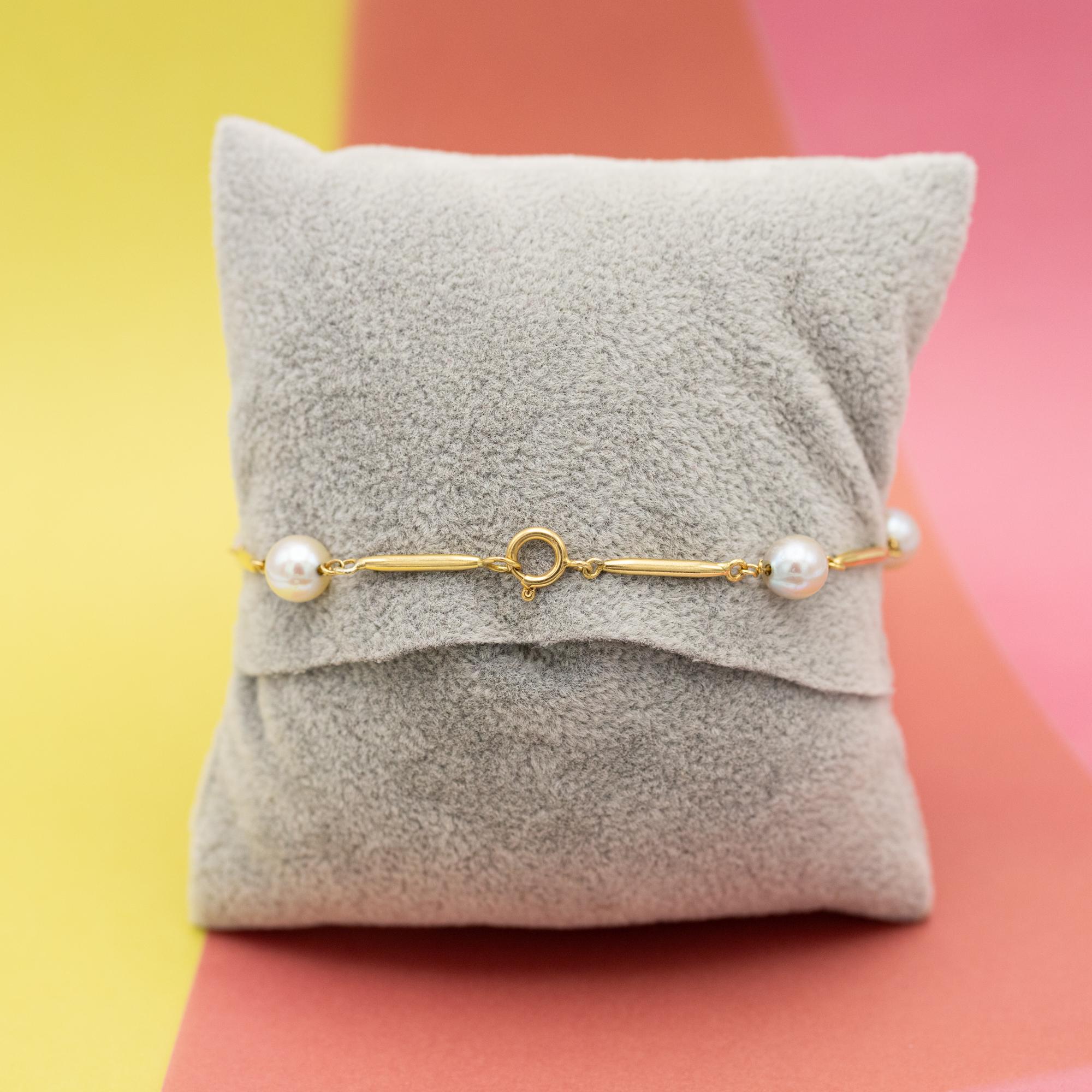 18k Vintage pearl bracelet - solid yellow gold - Royal pearl chain - 20 cm For Sale 2