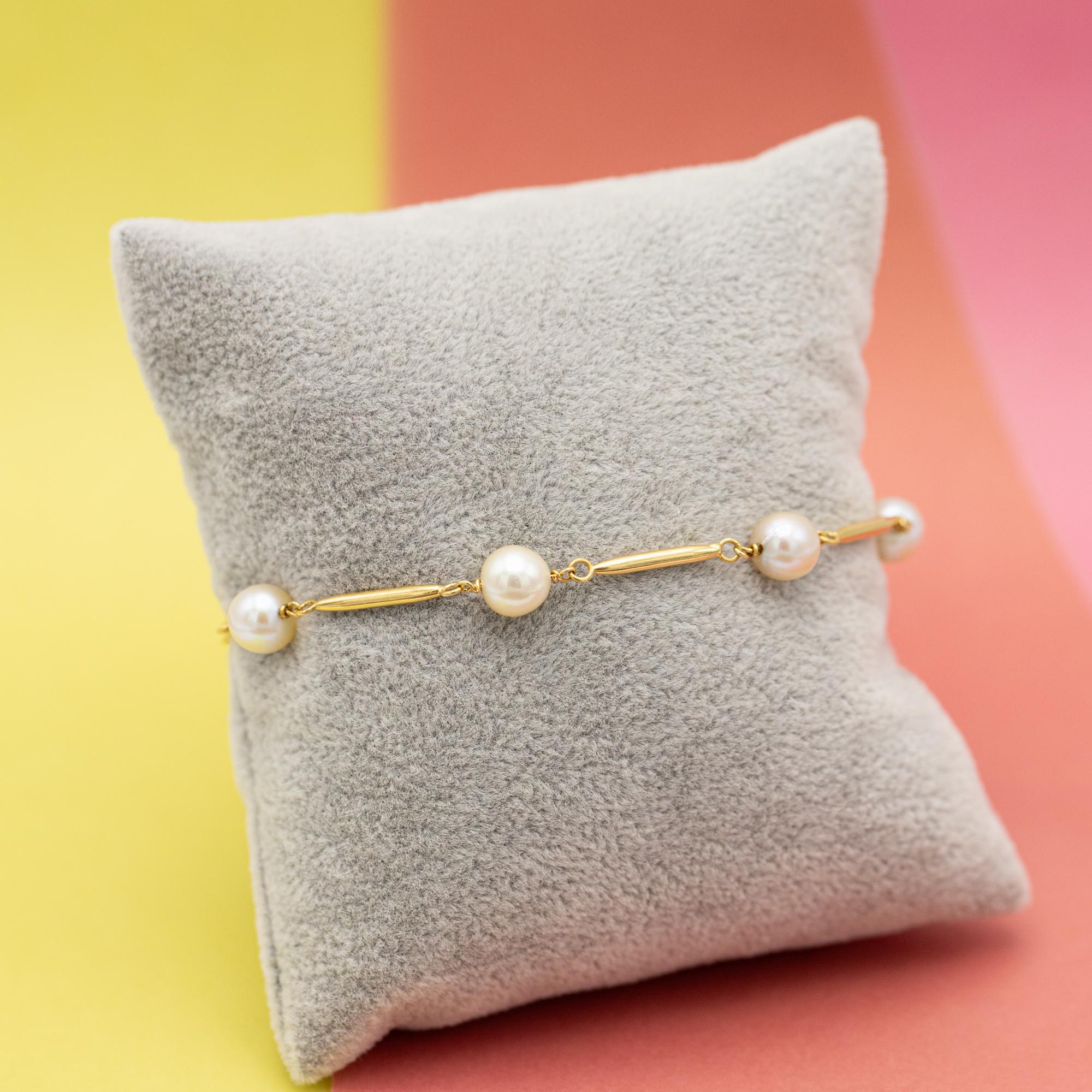 18k Vintage pearl bracelet - solid yellow gold - Royal pearl chain - 20 cm For Sale 3