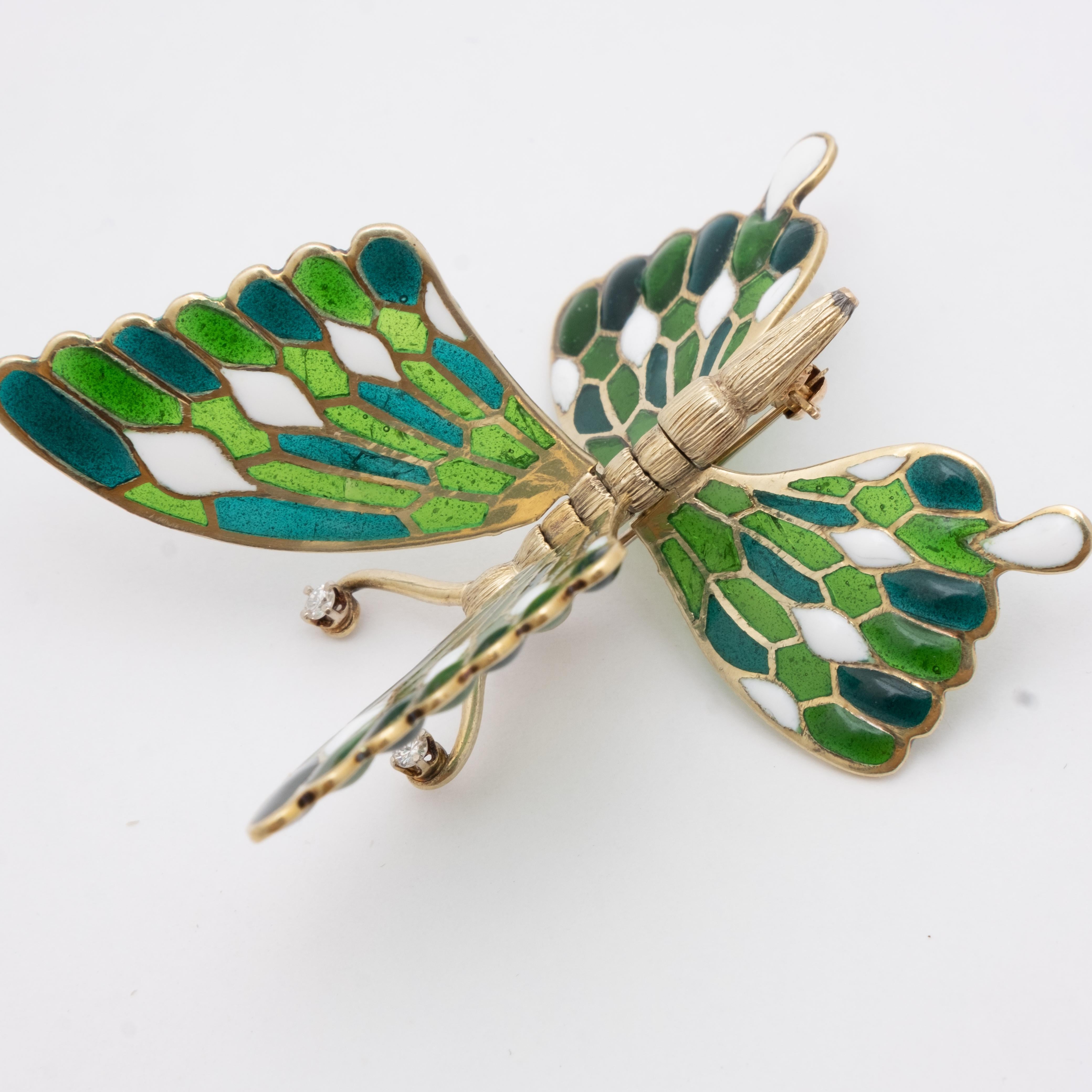 18k Vintage Plique-à-jour Diamond Butterfly Brooch with Moveable Wings In Good Condition In Kingston, NY