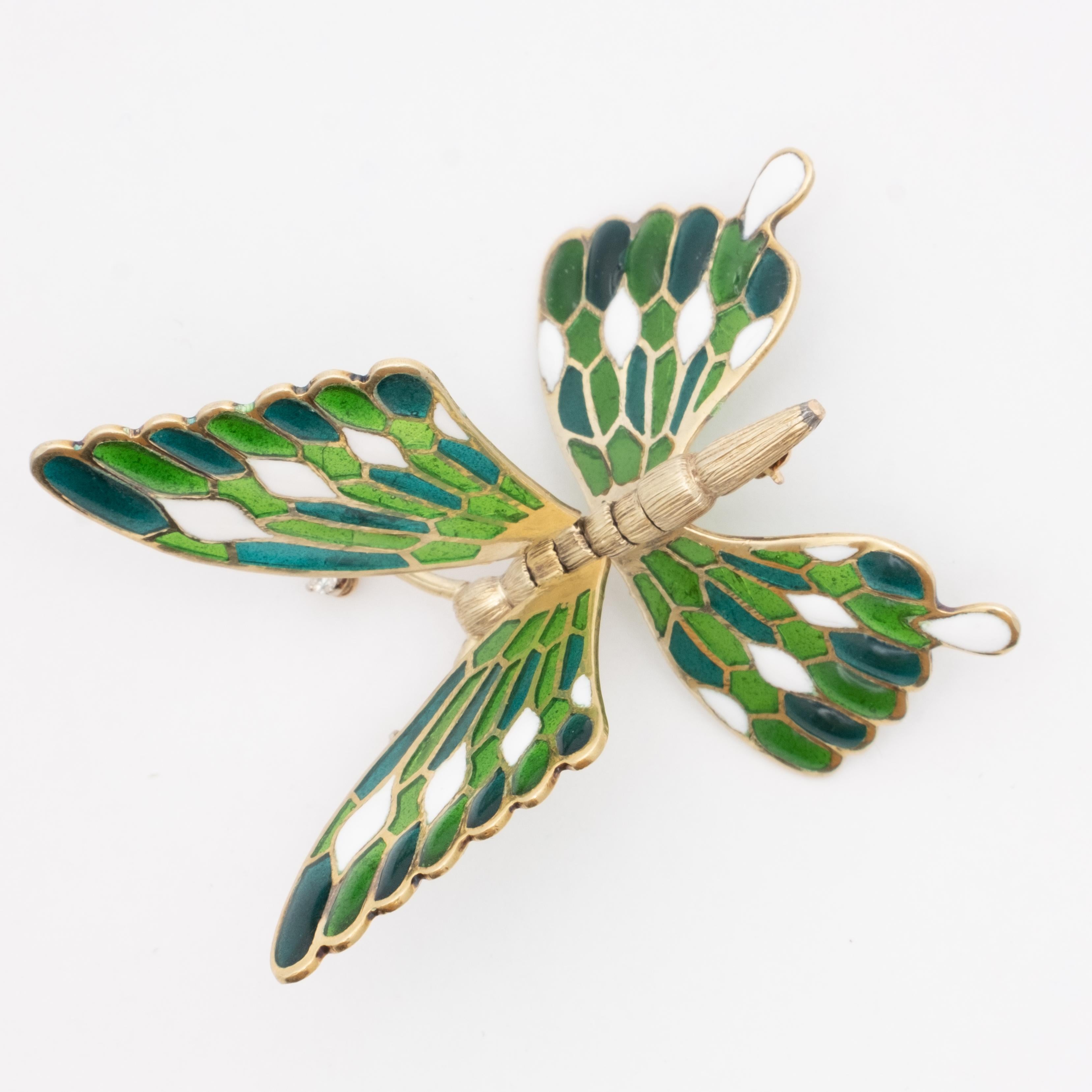 Women's 18k Vintage Plique-à-jour Diamond Butterfly Brooch with Moveable Wings