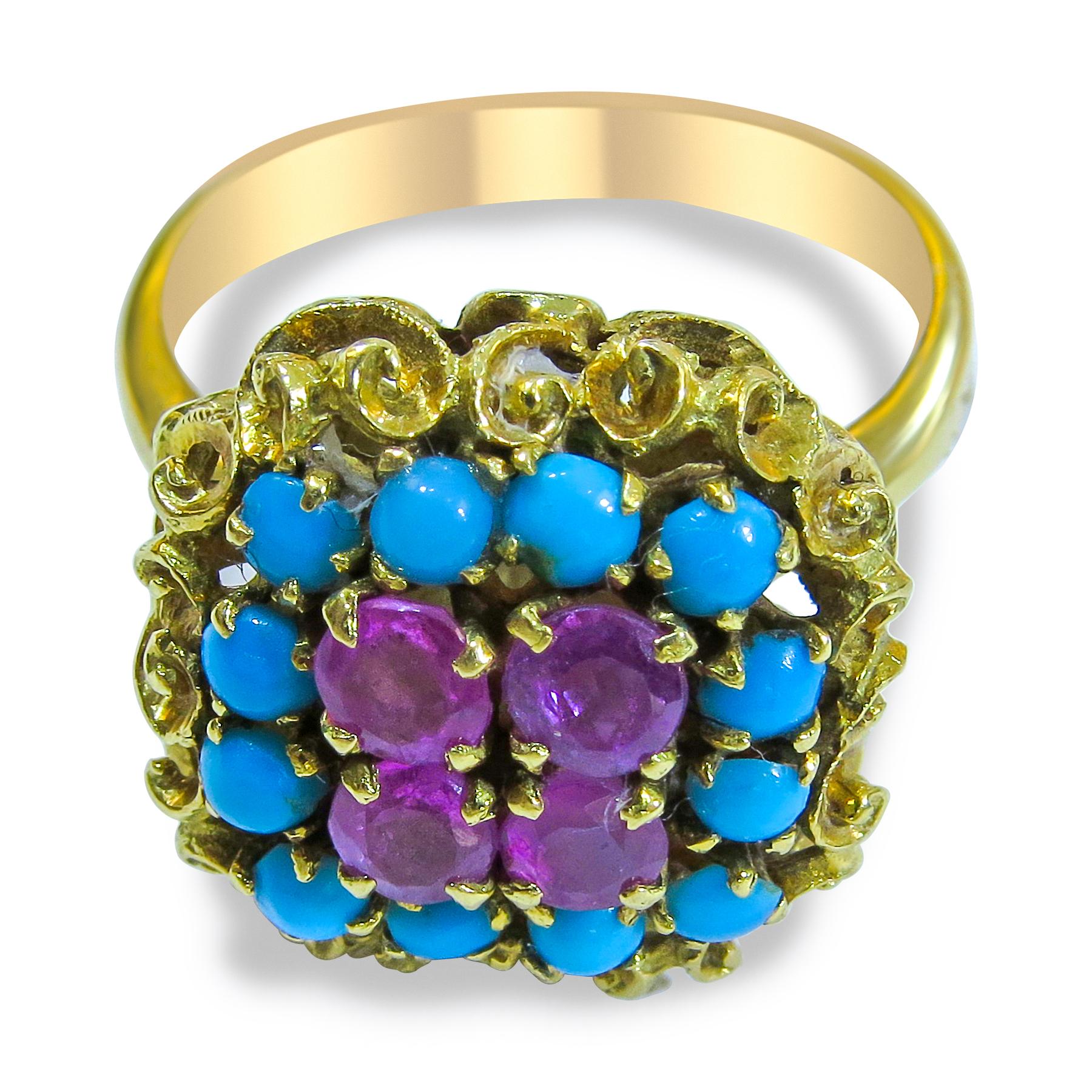 Art Deco 18 Karat Vintage Ruby and Turquoise Ladies Ring For Sale