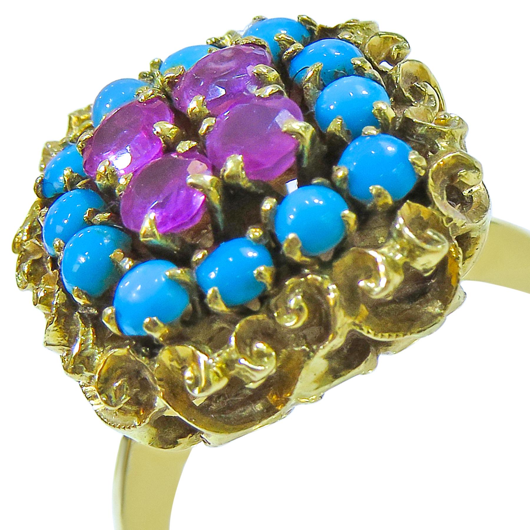 18 Karat Vintage Ruby and Turquoise Ladies Ring In Excellent Condition For Sale In Jackson Heights, NY