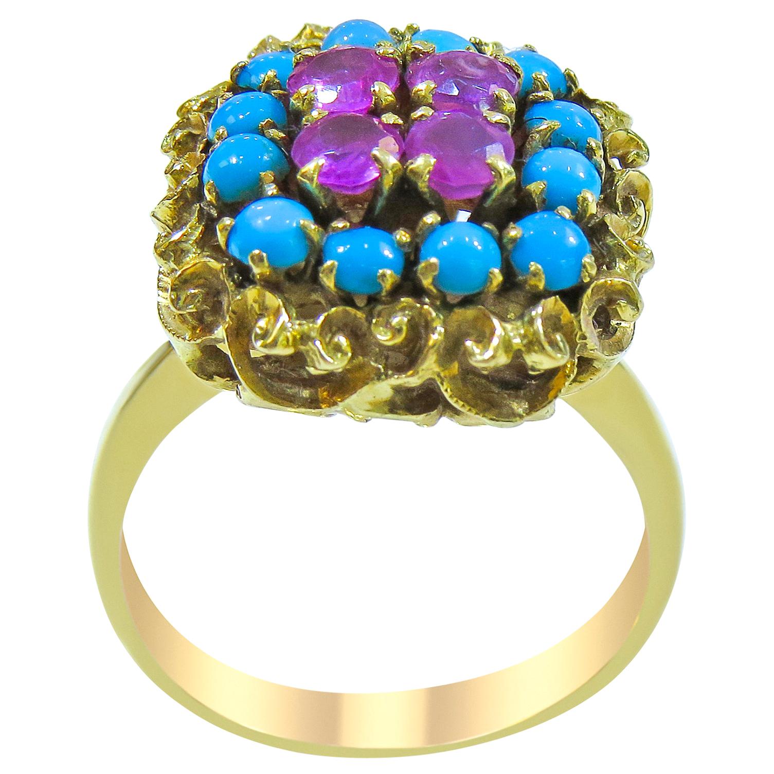 18 Karat Vintage Ruby and Turquoise Ladies Ring For Sale