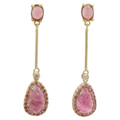 18k Vintage Sliced Pink Tourmaline Earrings Yellow Gold Dangle Natural gemstones