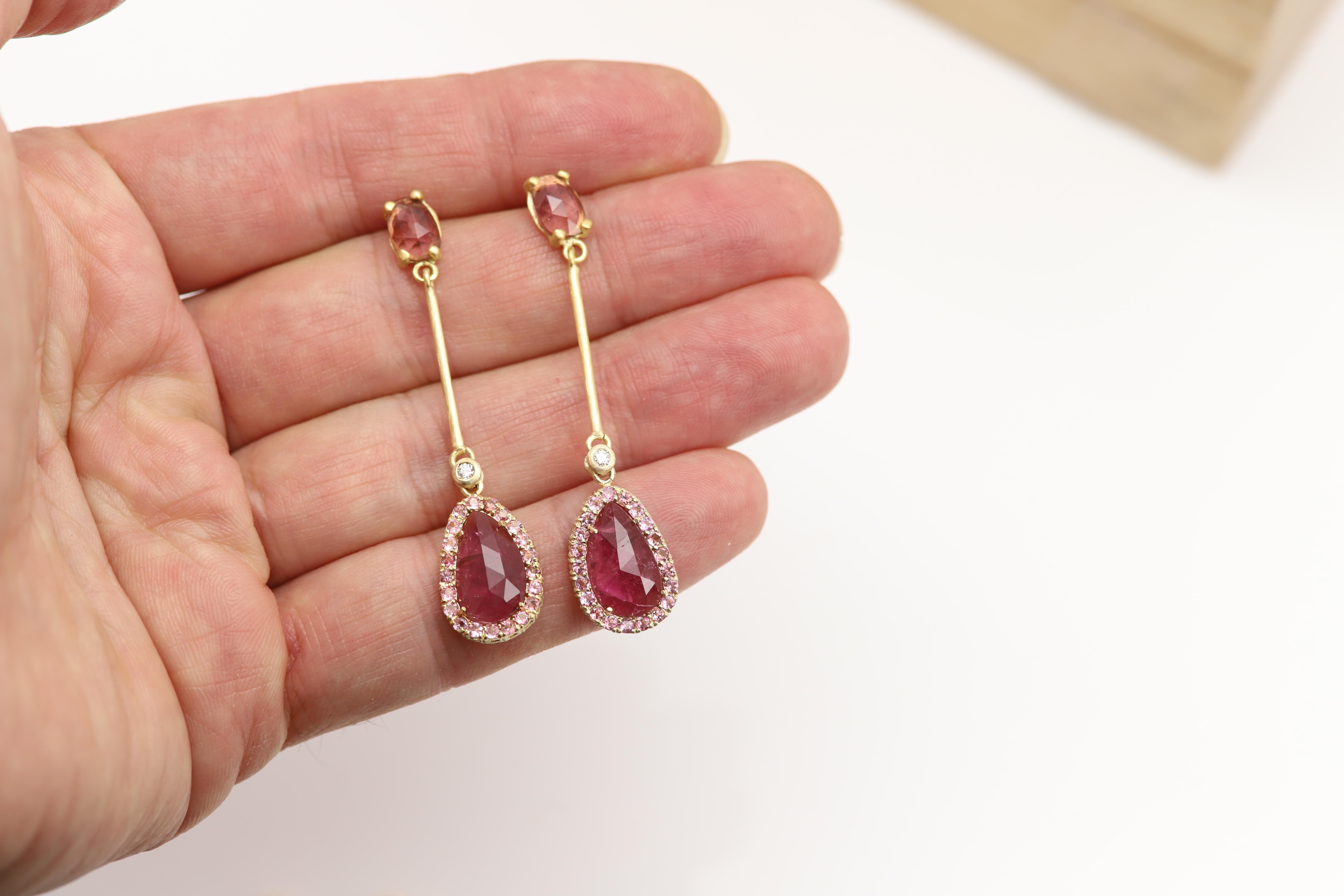 18k Vintage Sliced Turmalin rosa Ohrringe Gelbgold Dangle natürliche Edelsteine im Angebot 5