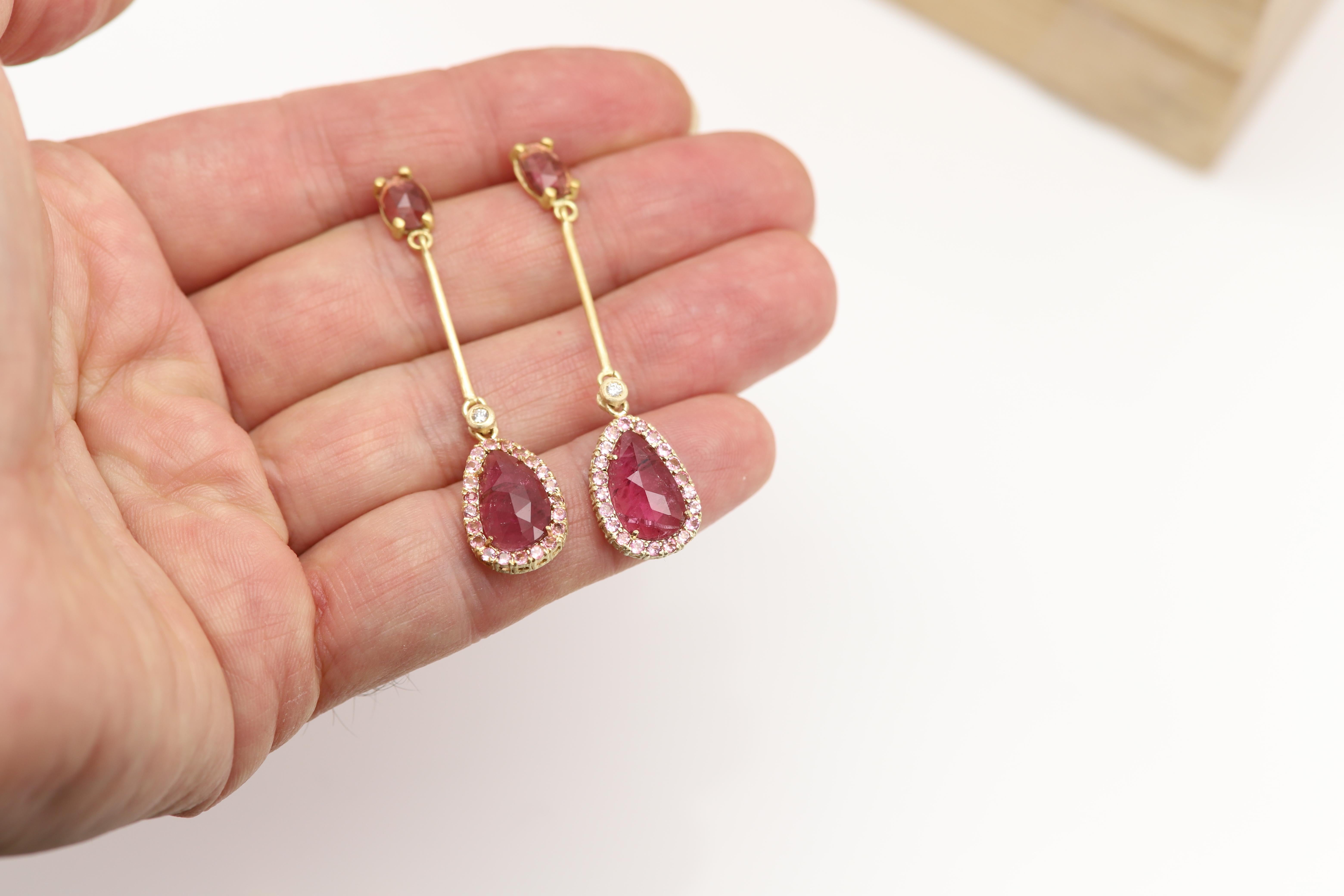 18k Vintage Sliced Turmalin rosa Ohrringe Gelbgold Dangle natürliche Edelsteine im Angebot 6