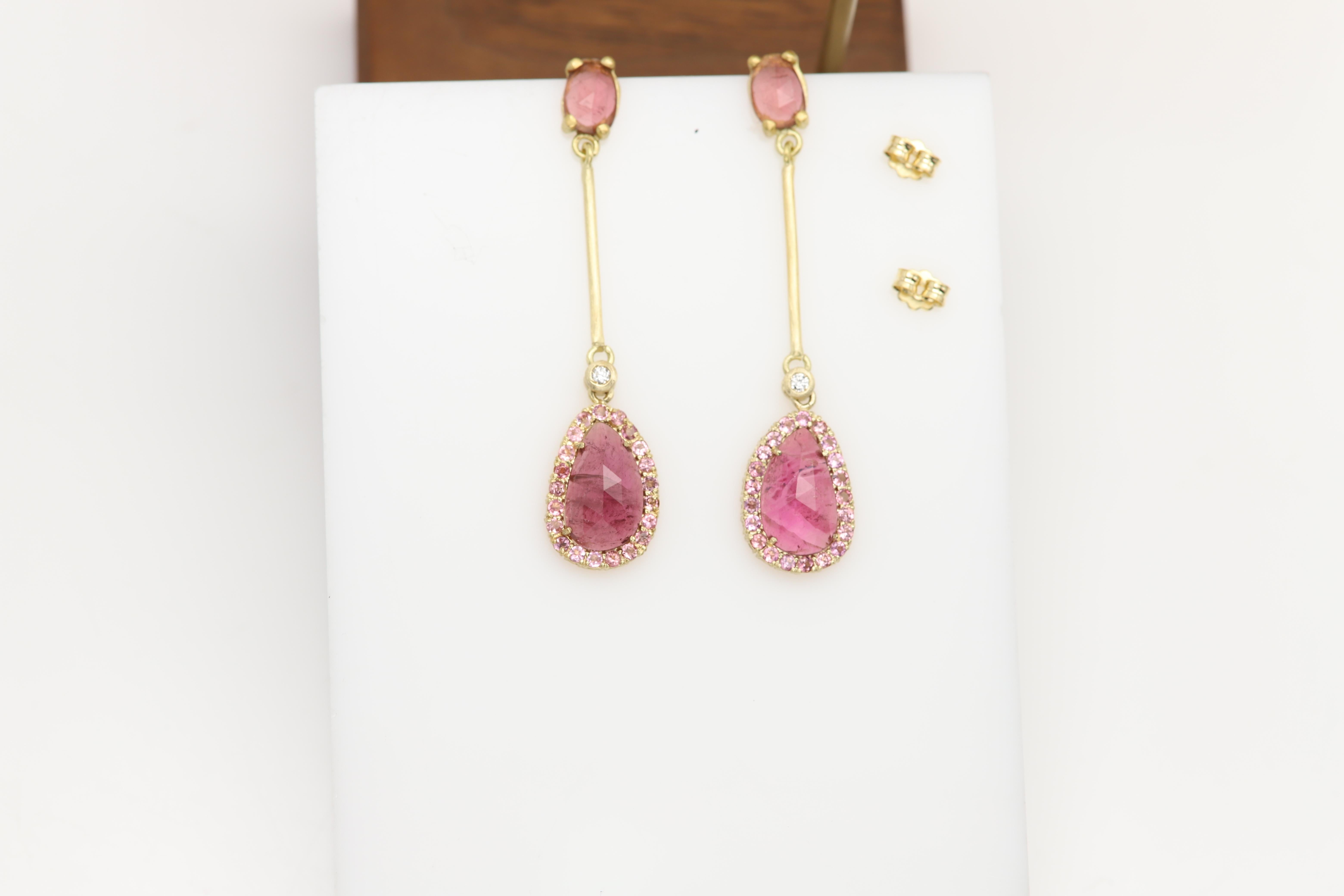 18k Vintage Sliced Turmalin rosa Ohrringe Gelbgold Dangle natürliche Edelsteine im Angebot 8