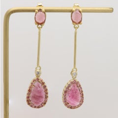 18k Vintage Sliced Pink Tourmaline Earrings Yellow Gold Dangle Natural gemstones