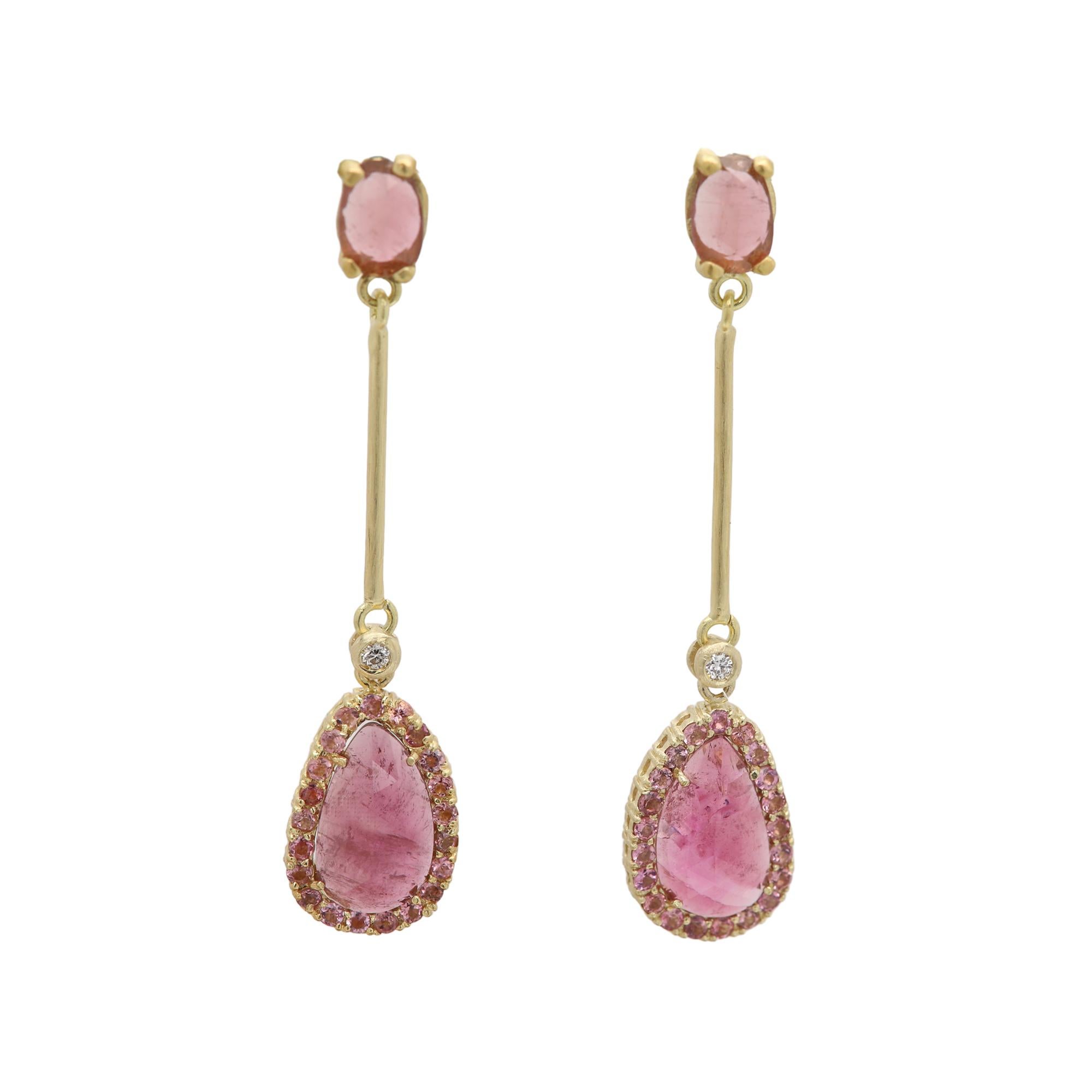 18k Vintage Sliced Turmalin rosa Ohrringe Gelbgold Dangle natürliche Edelsteine im Zustand „Neu“ im Angebot in Brooklyn, NY