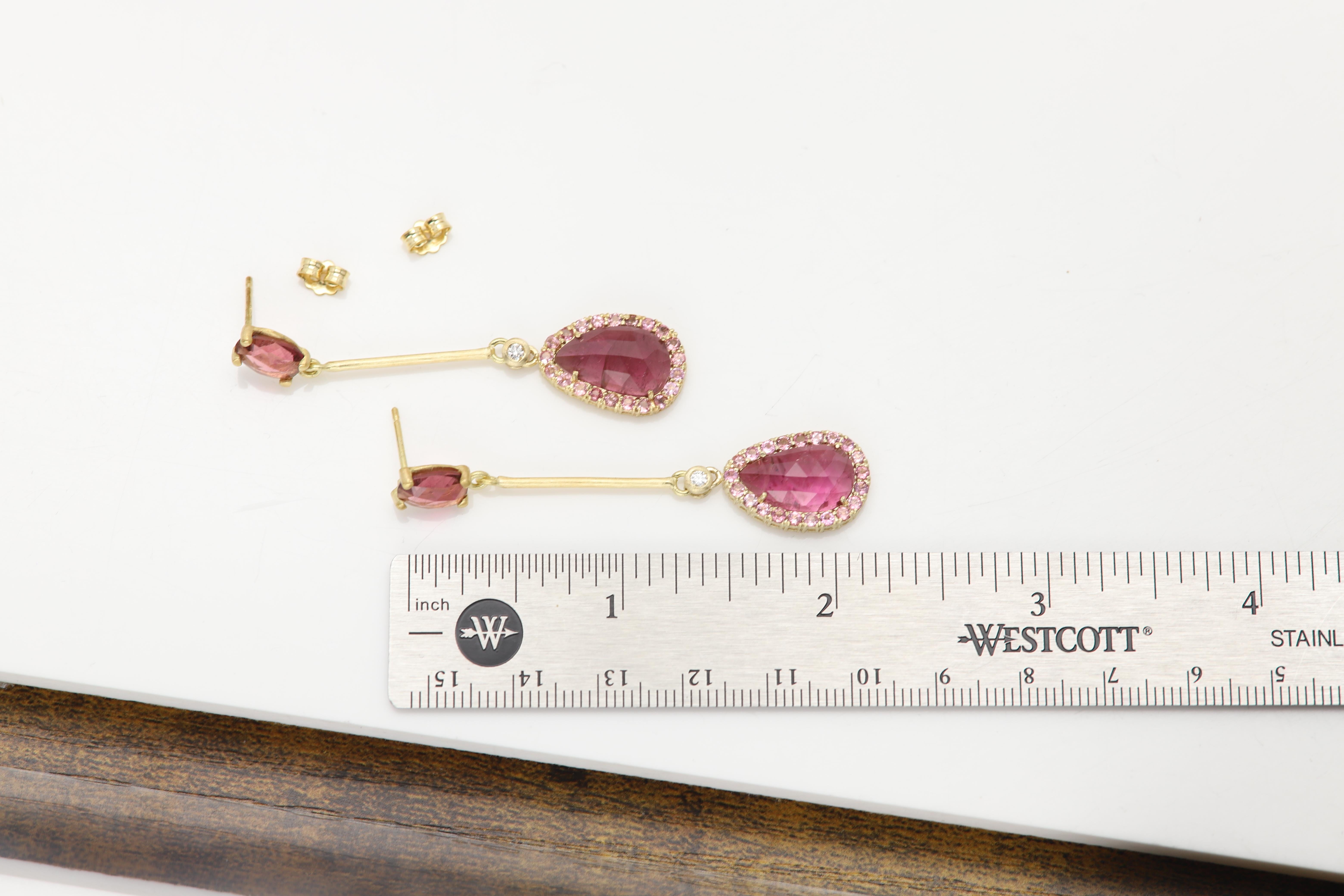 18k Vintage Sliced Turmalin rosa Ohrringe Gelbgold Dangle natürliche Edelsteine im Angebot 2