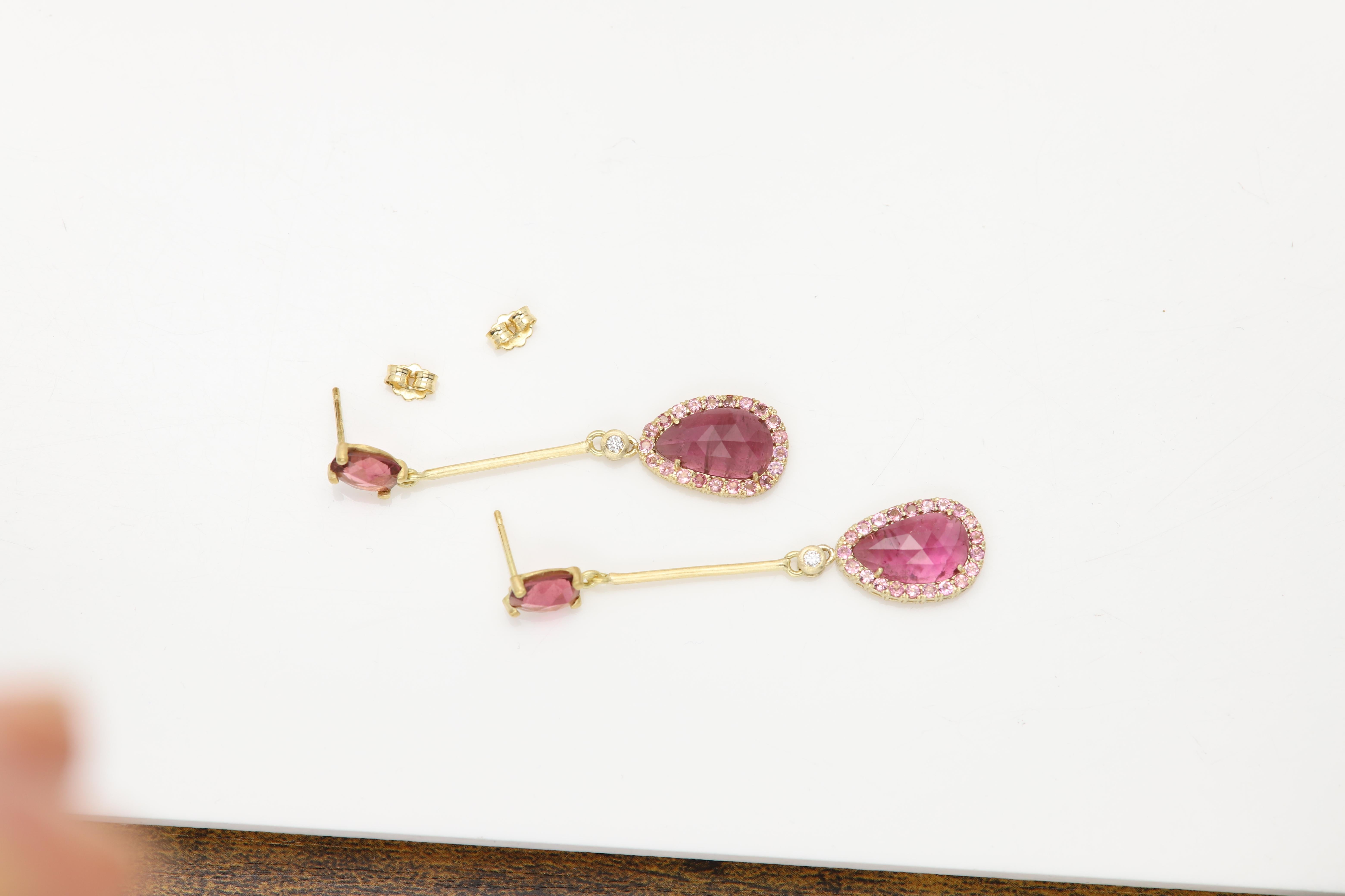 18k Vintage Sliced Turmalin rosa Ohrringe Gelbgold Dangle natürliche Edelsteine im Angebot 3