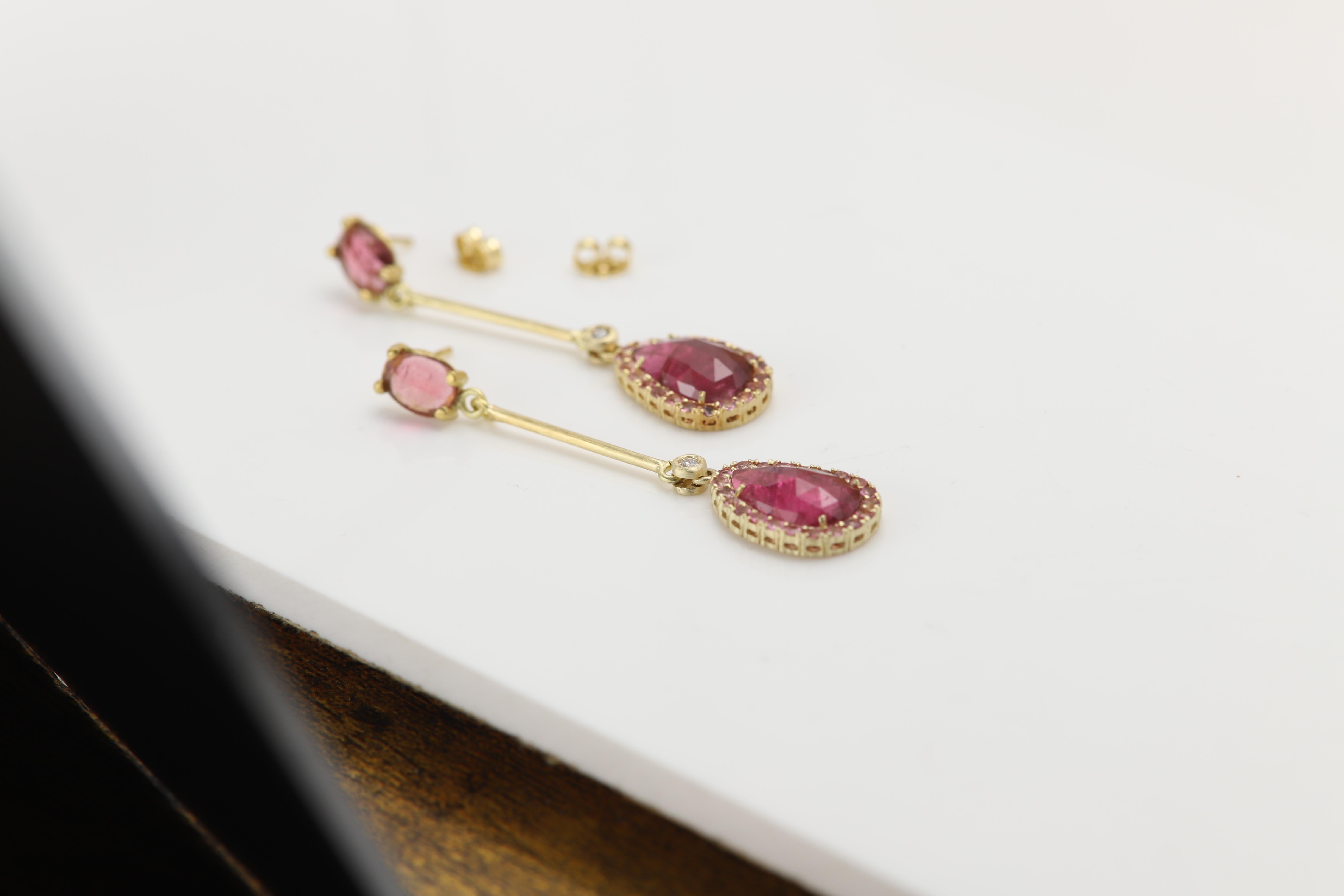 18k Vintage Sliced Turmalin rosa Ohrringe Gelbgold Dangle natürliche Edelsteine im Angebot 4