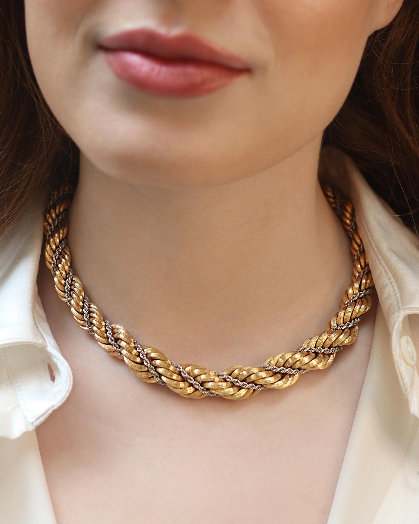 This 18K vintage two-tone solid rope chain is crafted of luxurious 18K gold and is 16 inches long. Its unique two-tone design makes it a sophisticated addition to any collection.