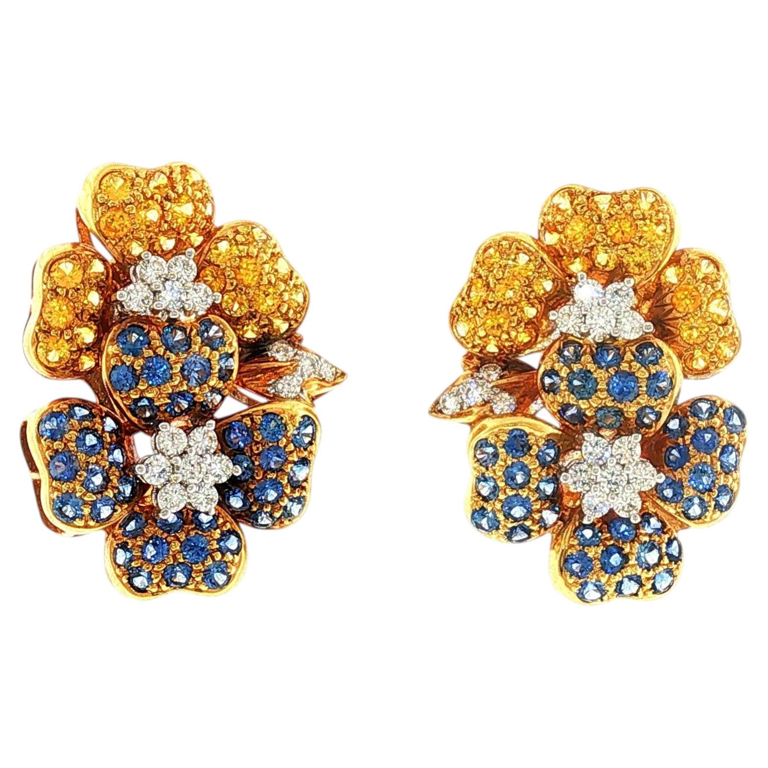 Pendientes vintage de 18 quilates con zafiro amarillo, zafiro azul y diamantes en forma de doble flor