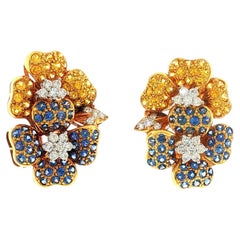 18K Vintage Yellow Sapphire, Blue Sapphire and Diamond Double Flower Earrings