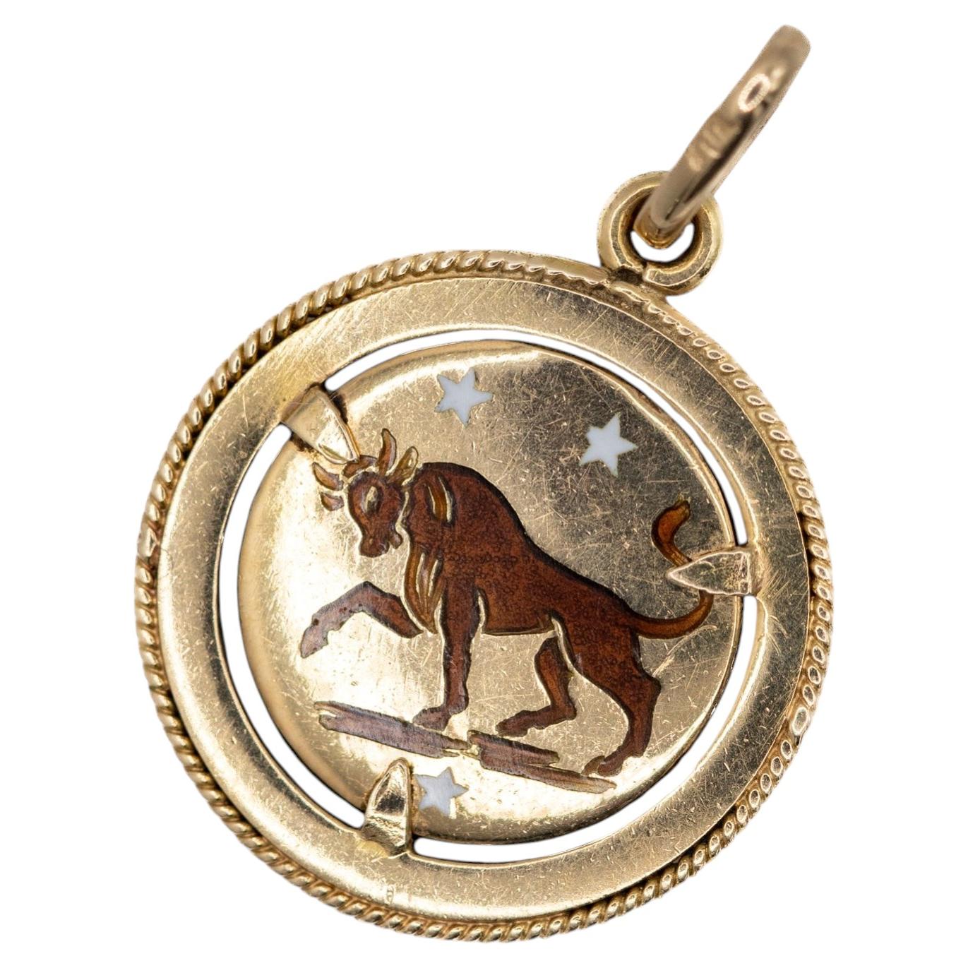 18k Vintage zodiac pendant - 1960's Italian Taurus star sign charm with enamel