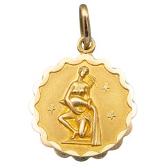 18K Vintage zodiac pendant - Aquarius 18 karat solid yellow gold Star sign charm