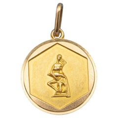 18K Vintage zodiac pendant - Aquarius 18 karat solid yellow gold Star sign charm