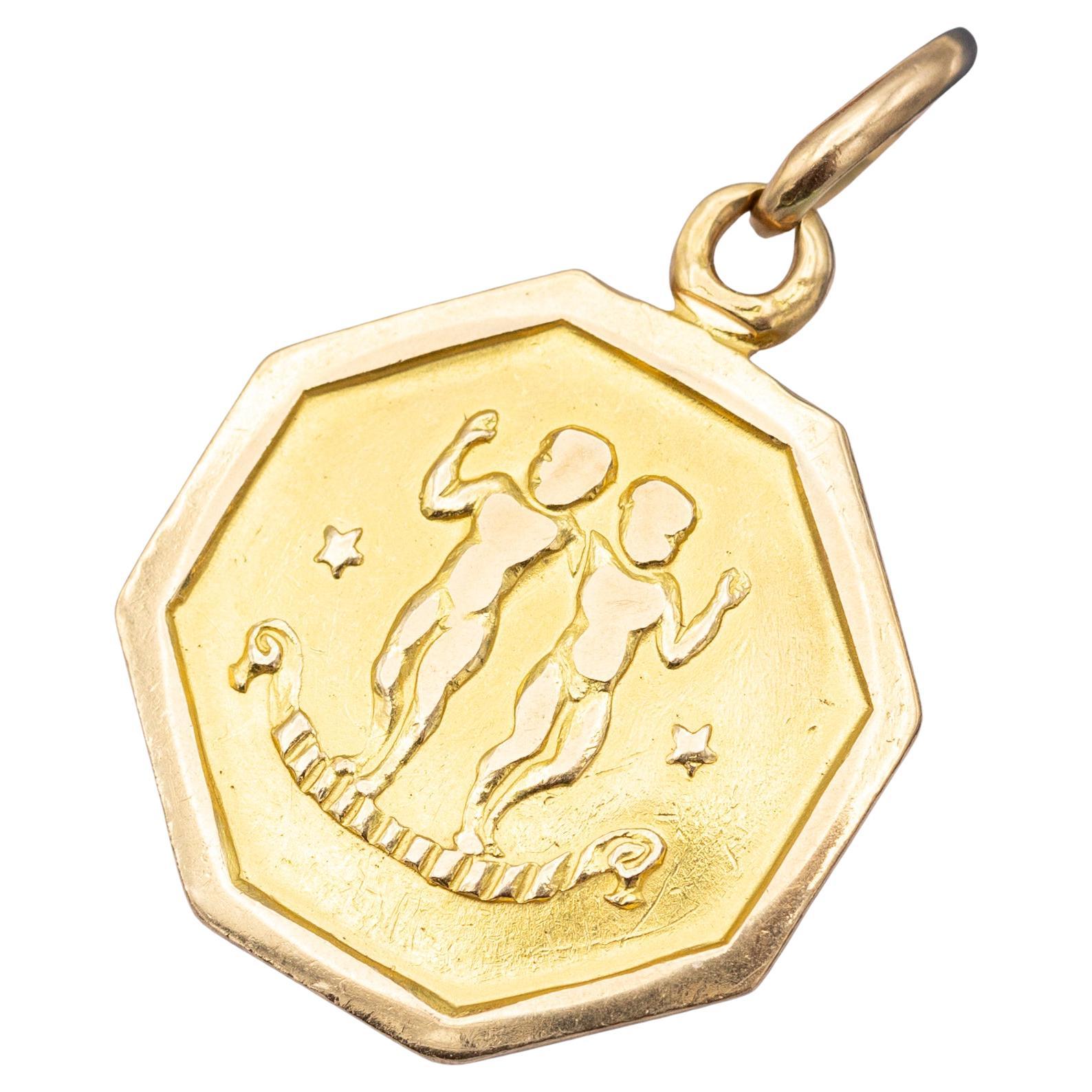 18K Vintage zodiac pendant - Gemini charm - 18 karat solid yellow gold Star sign