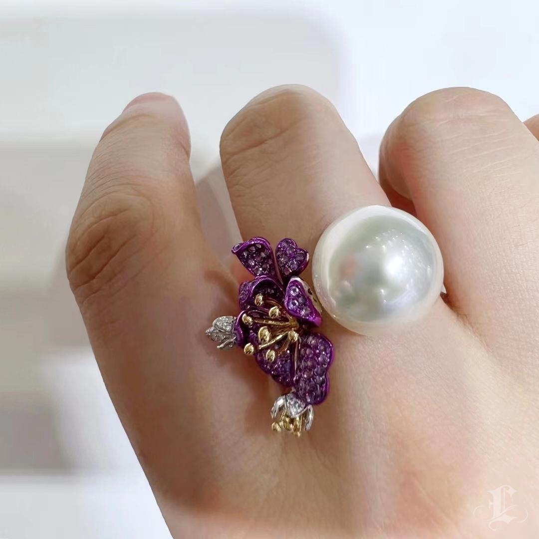 Anillo Diamante Amatista Perla del Mar del Sur Aurora Flor Púrpura Sin cortar en venta