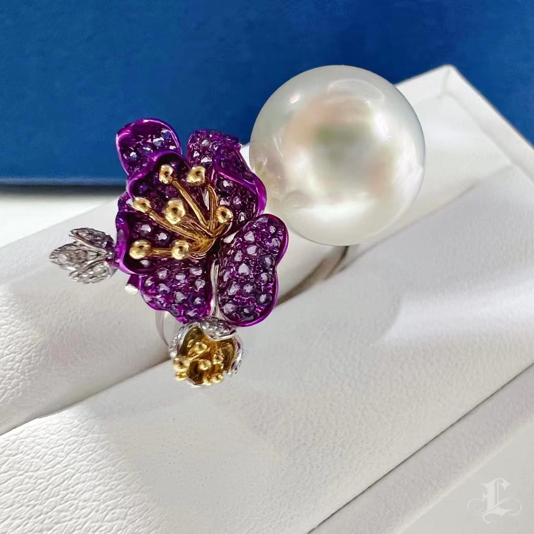 De las mujeres Anillo Diamante Amatista Perla del Mar del Sur Aurora Flor Púrpura en venta