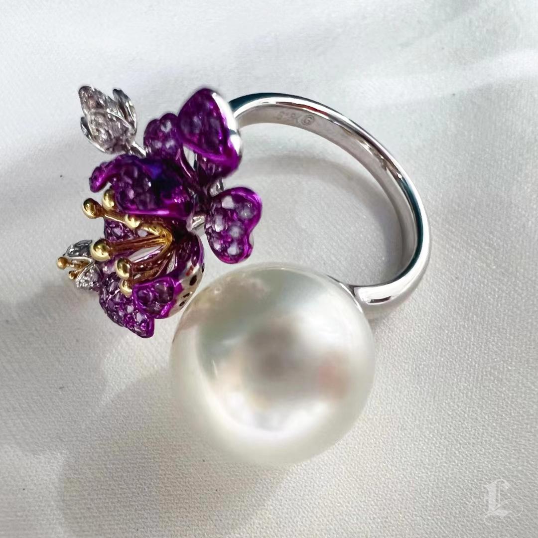 Anillo Diamante Amatista Perla del Mar del Sur Aurora Flor Púrpura en venta 1