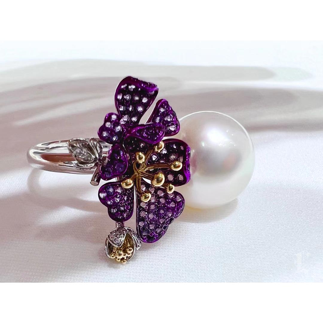 Anillo Diamante Amatista Perla del Mar del Sur Aurora Flor Púrpura en venta 2