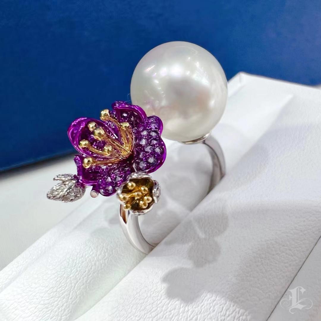 Anillo Diamante Amatista Perla del Mar del Sur Aurora Flor Púrpura en venta 3