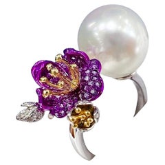 Bague Aurora à fleurs violettes perle des mers du Sud, améthyste et diamant