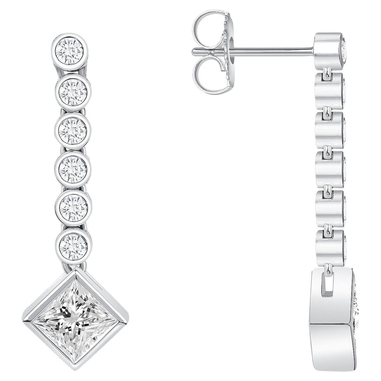 18k W-Gold Princess Square Drop Earring, Dangling Earring, Dainty Bridal Jewelry
