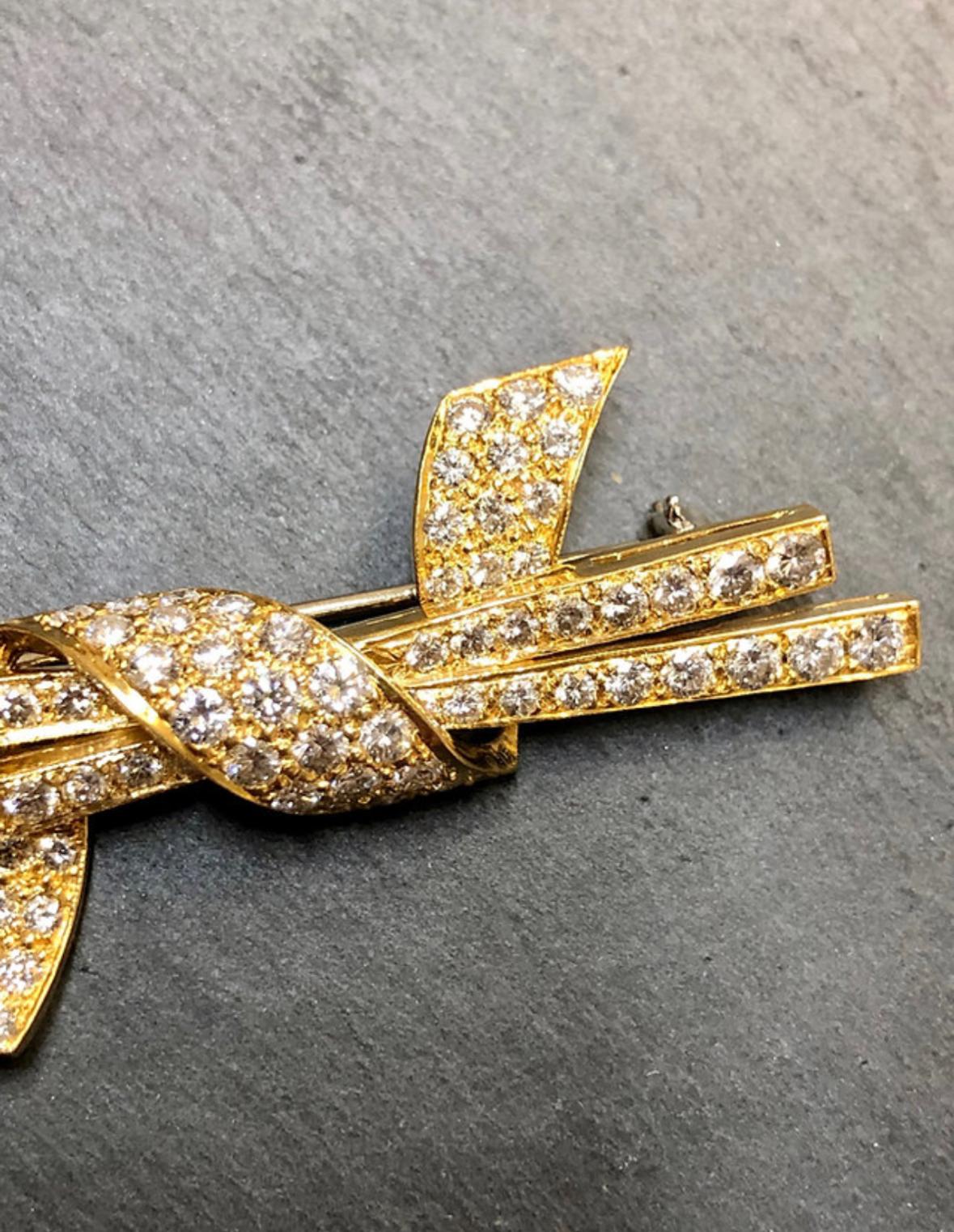 Women's or Men's Estate Vintage 18K Diamond Chopstick Ribbon Brooch Pin 3.40cttw G Vs For Sale