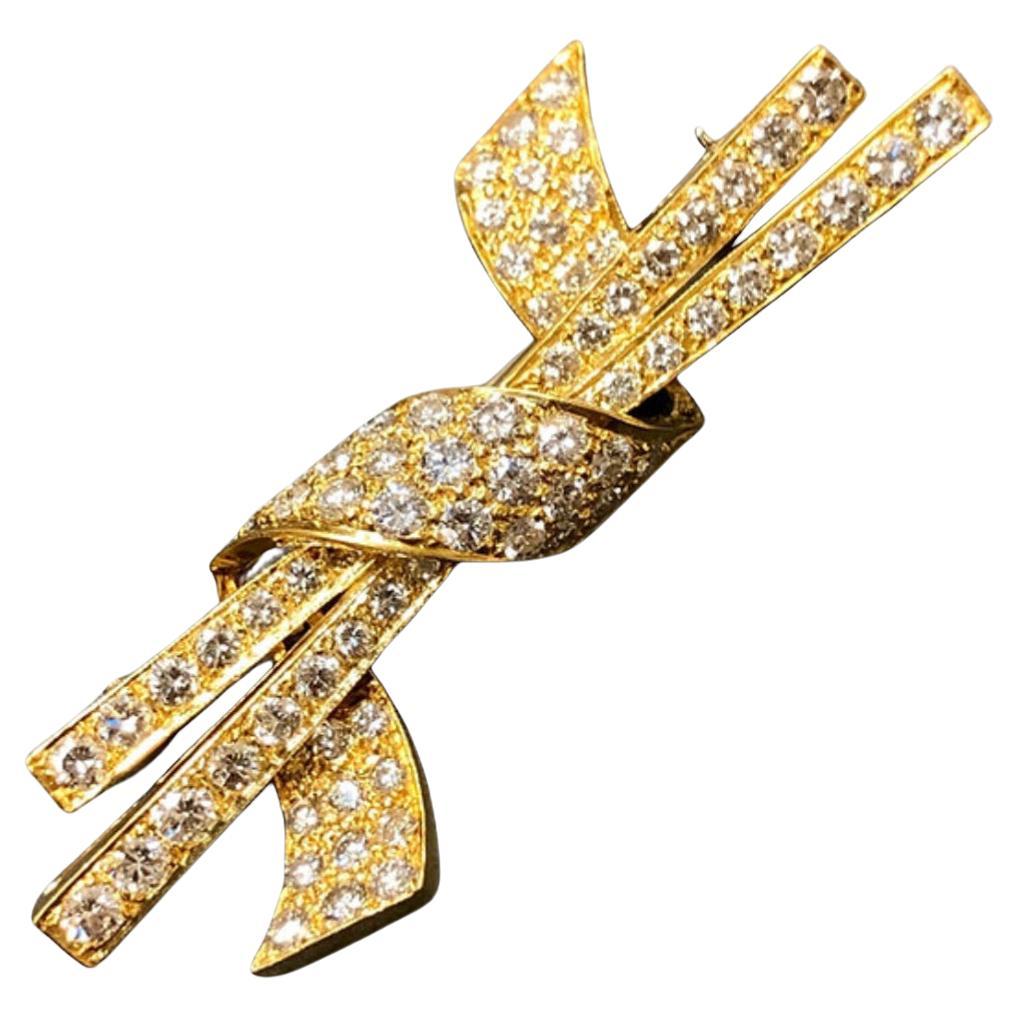 Estate Vintage 18K Diamond Chopstick Ribbon Brooch Pin 3.40cttw G Vs For Sale
