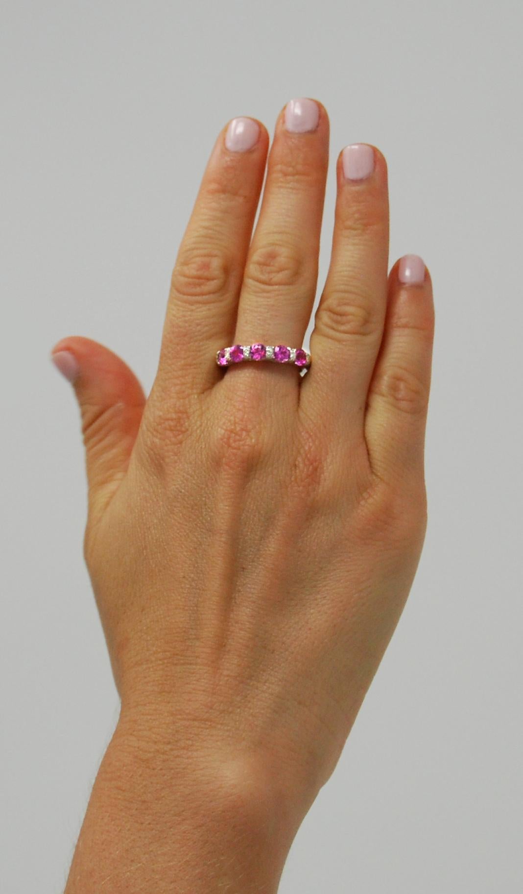Round Cut Carelle 18K WG 1.25 Ct Pink Sapphire .20 Ct Diamond Bridal Anniversary Band Ring For Sale