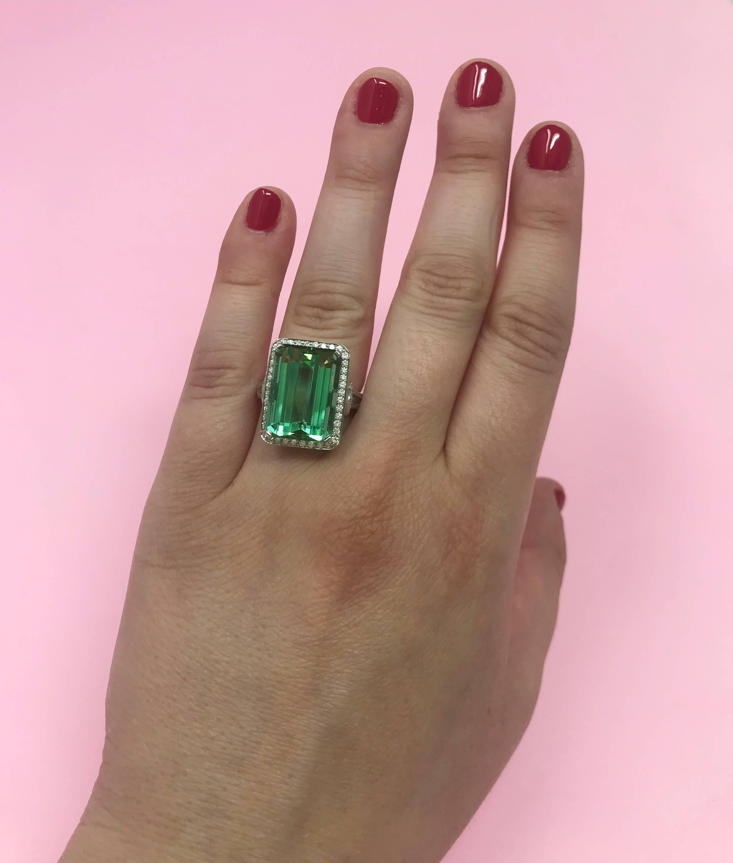 Contemporary 18K WG 13.17 Carat Green Emerald Cut Tourmaline, .41 Carat Diamond Cocktail Ring For Sale