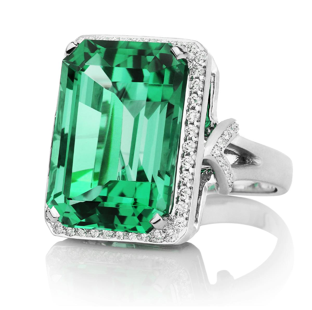 18K WG 13.17 Carat Green Emerald Cut Tourmaline, .41 Carat Diamond Cocktail Ring In New Condition For Sale In New York, NY