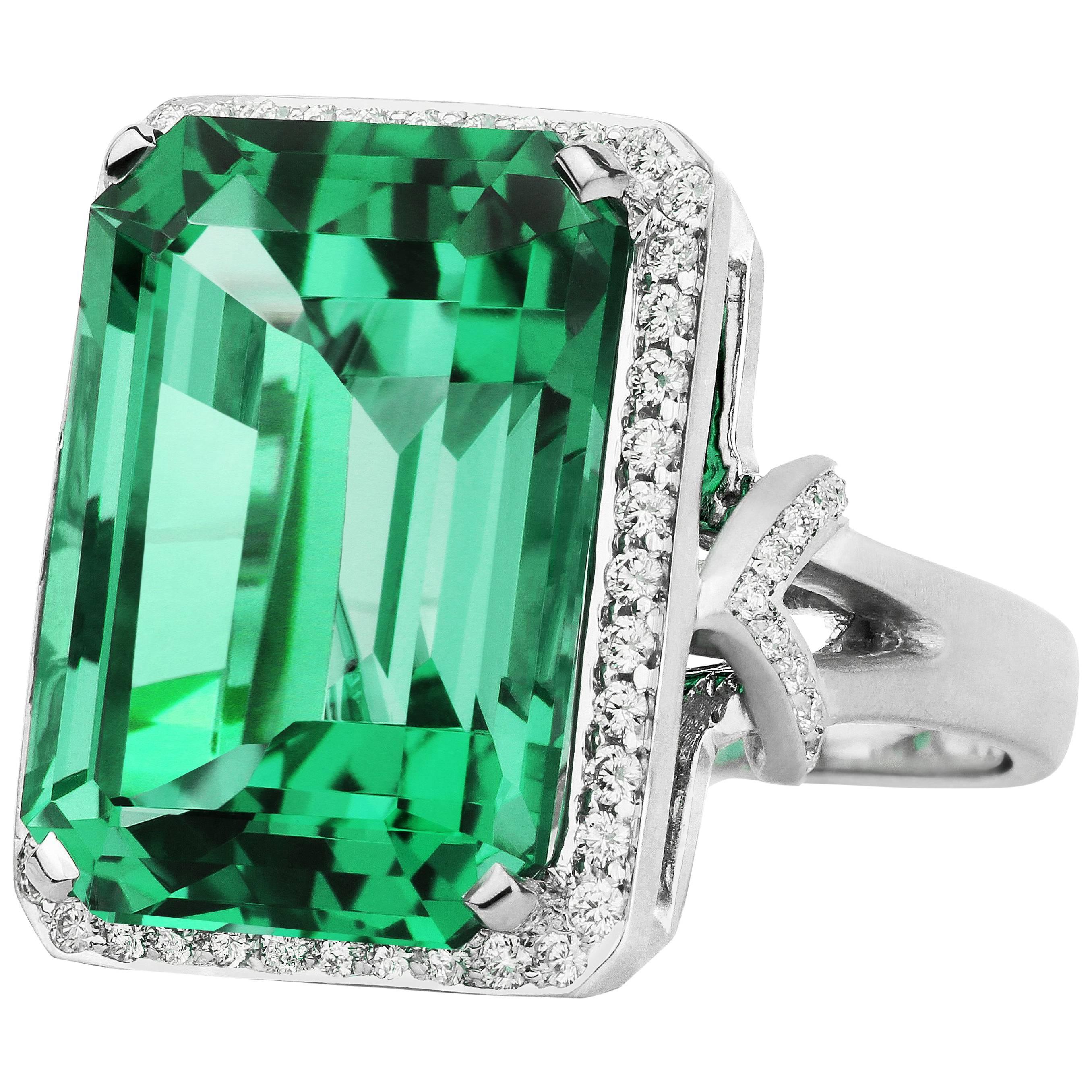 18K WG 13.17 Carat Green Emerald Cut Tourmaline, .41 Carat Diamond Cocktail Ring For Sale