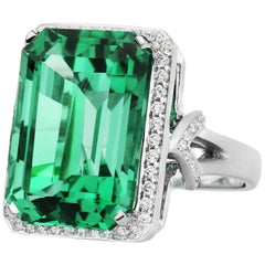 18K WG 13.17 Carat Green Emerald Cut Tourmaline, .41 Carat Diamond Cocktail Ring