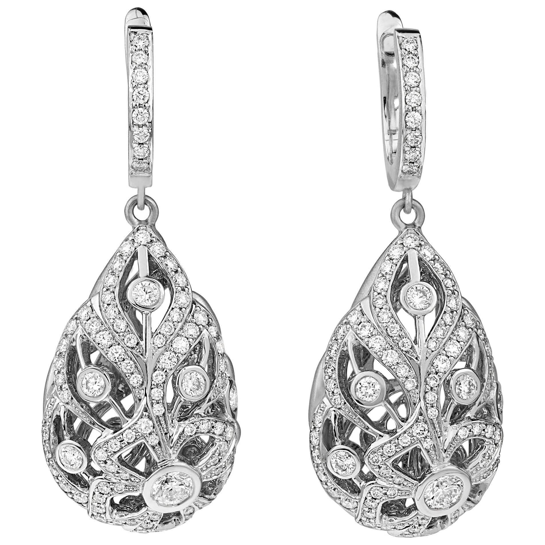 18K WG 1.90 Ct Diamond Florette Flower Pendant Teardrop Egg Drop Huggie Earrings For Sale