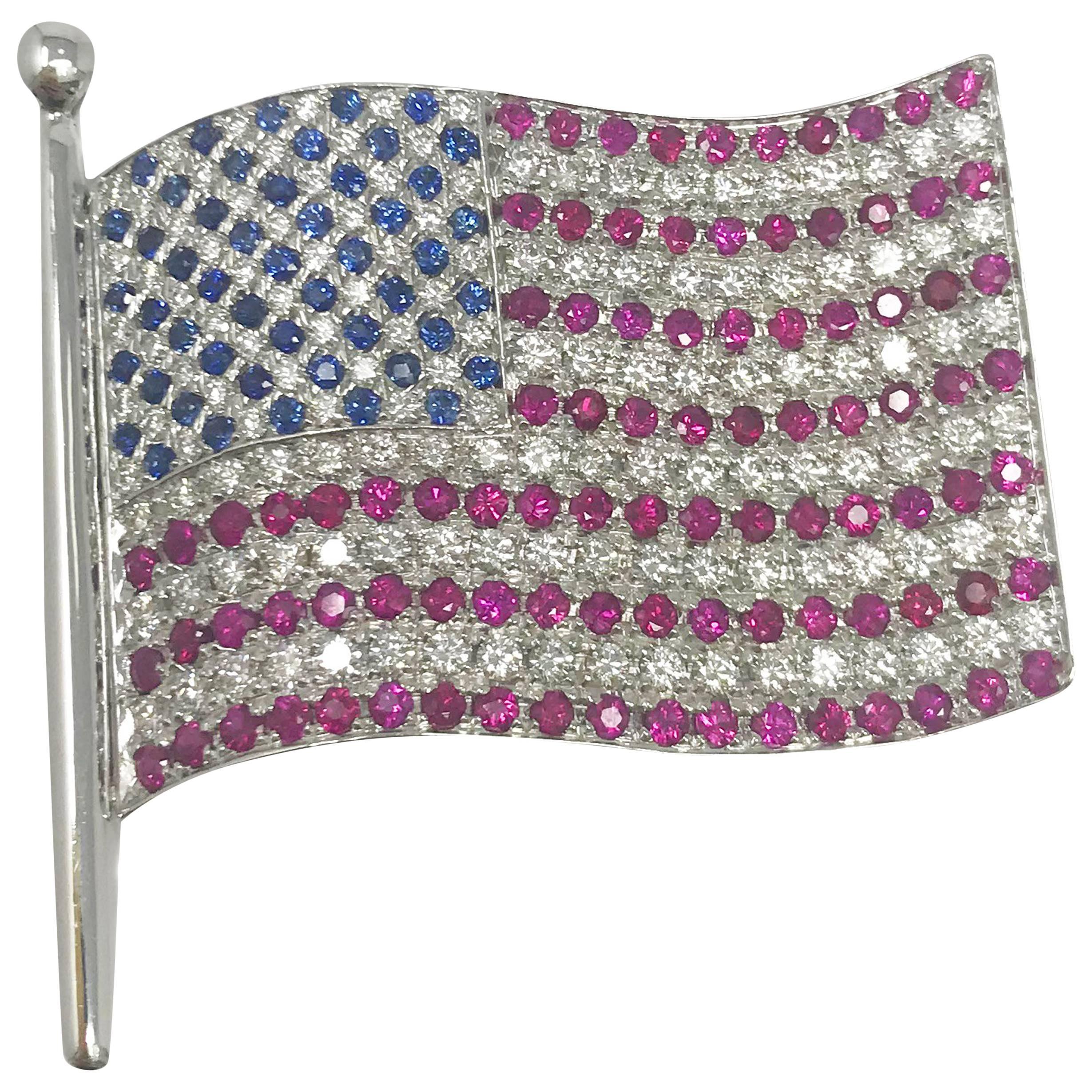 18K WG 2.04 Ct Diamond, .55 Ct Sapphire, 3.15 Ct Ruby American Flag Brooch Pin For Sale