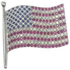 18K WG 2.04 Ct Diamond, .55 Ct Sapphire, 3.15 Ct Ruby American Flag Brooch Pin